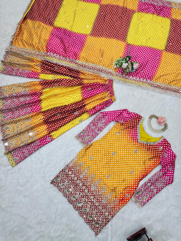Multi colour Elegant Chinon Silk Ensemble – Exquisite Real Mirror Work ClothsVilla