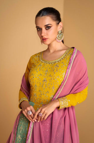 Multi Colour Elegant Embroidered Faux Georgette Gown with Dupatta ClothsVilla