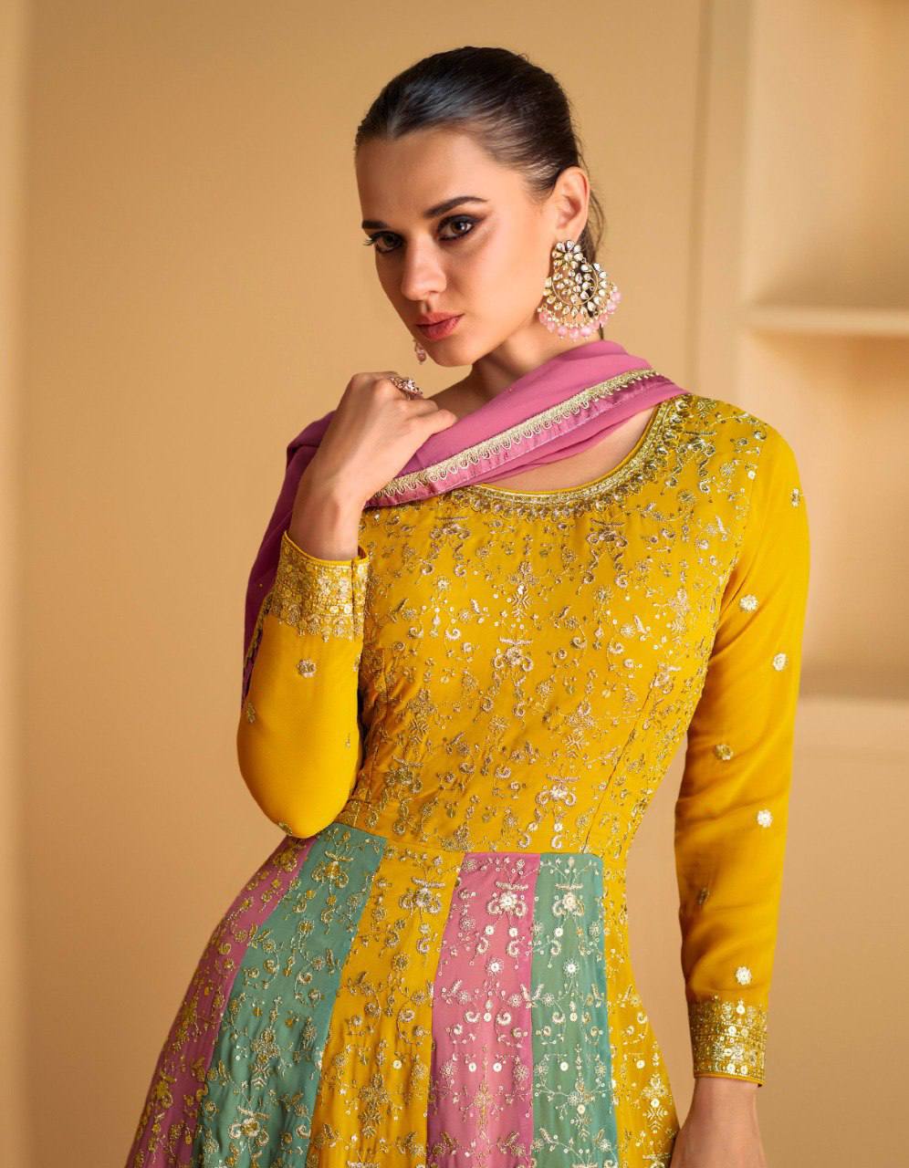 Multi Colour Elegant Embroidered Faux Georgette Gown with Dupatta ClothsVilla