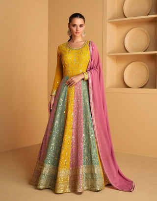 Multi Colour Elegant Embroidered Faux Georgette Gown with Dupatta ClothsVilla