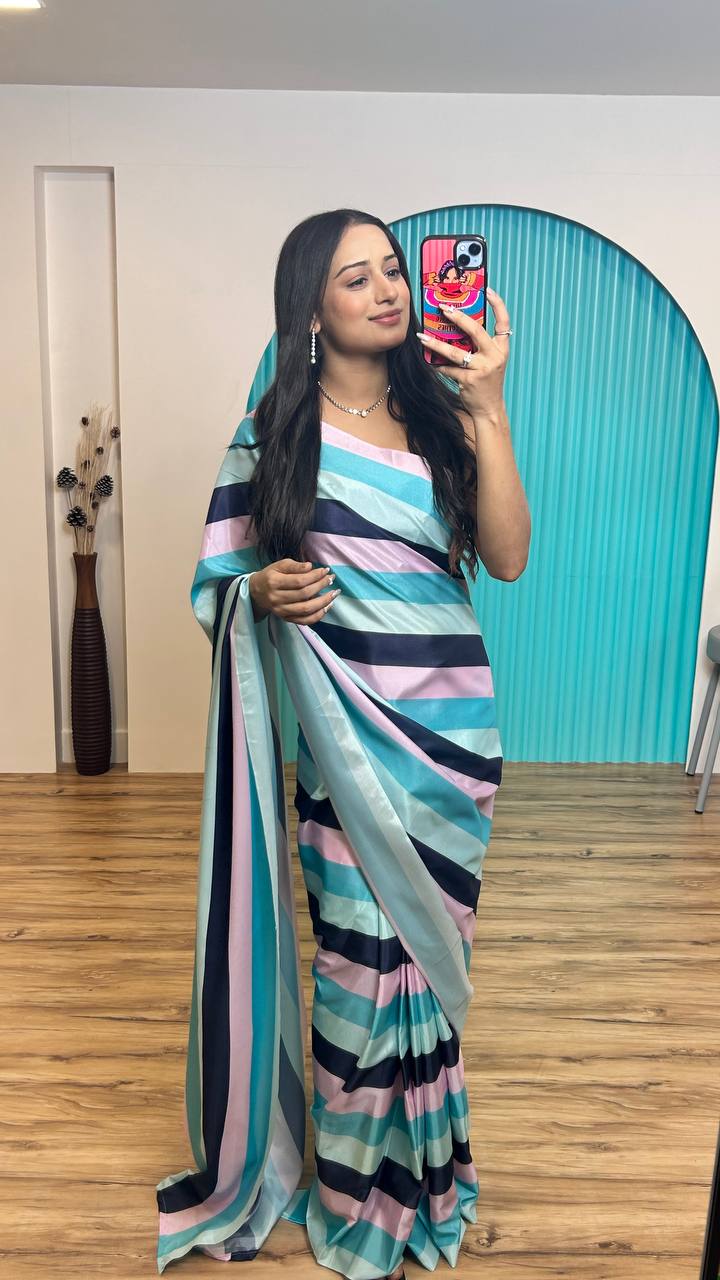 Multi Colour Elegant Satin Crepe Silk Digital Print Ready-to-Wear Saree ClothsVilla