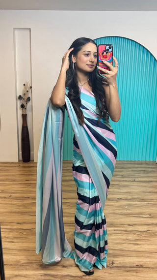 Multi Colour Elegant Satin Crepe Silk Digital Print Ready-to-Wear Saree ClothsVilla