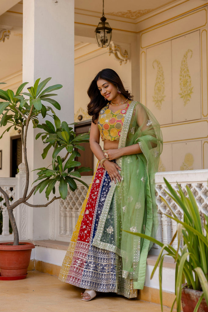 Multi Colour Faux Georgette Sequins Embroidered Lehenga Set with Designer Net Dupatta – Semi-Stitche ClothsVilla