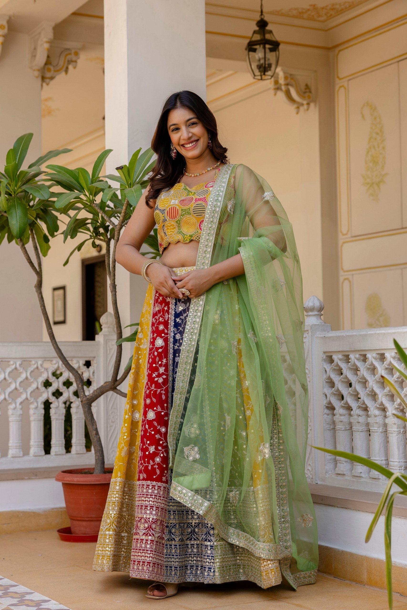 Multi Colour Faux Georgette Sequins Embroidered Lehenga Set with Designer Net Dupatta – Semi-Stitche ClothsVilla