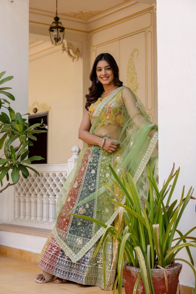Multi Colour Faux Georgette Sequins Embroidered Lehenga Set with Designer Net Dupatta – Semi-Stitche ClothsVilla