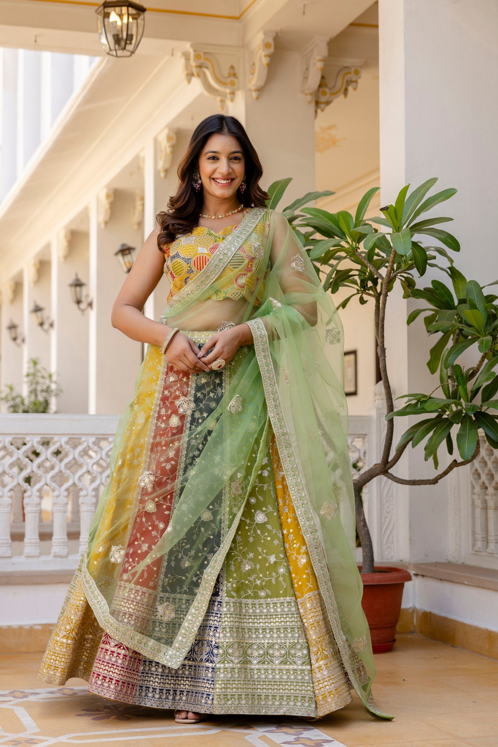 Multi Colour Faux Georgette Sequins Embroidered Lehenga Set with Designer Net Dupatta – Semi-Stitche ClothsVilla