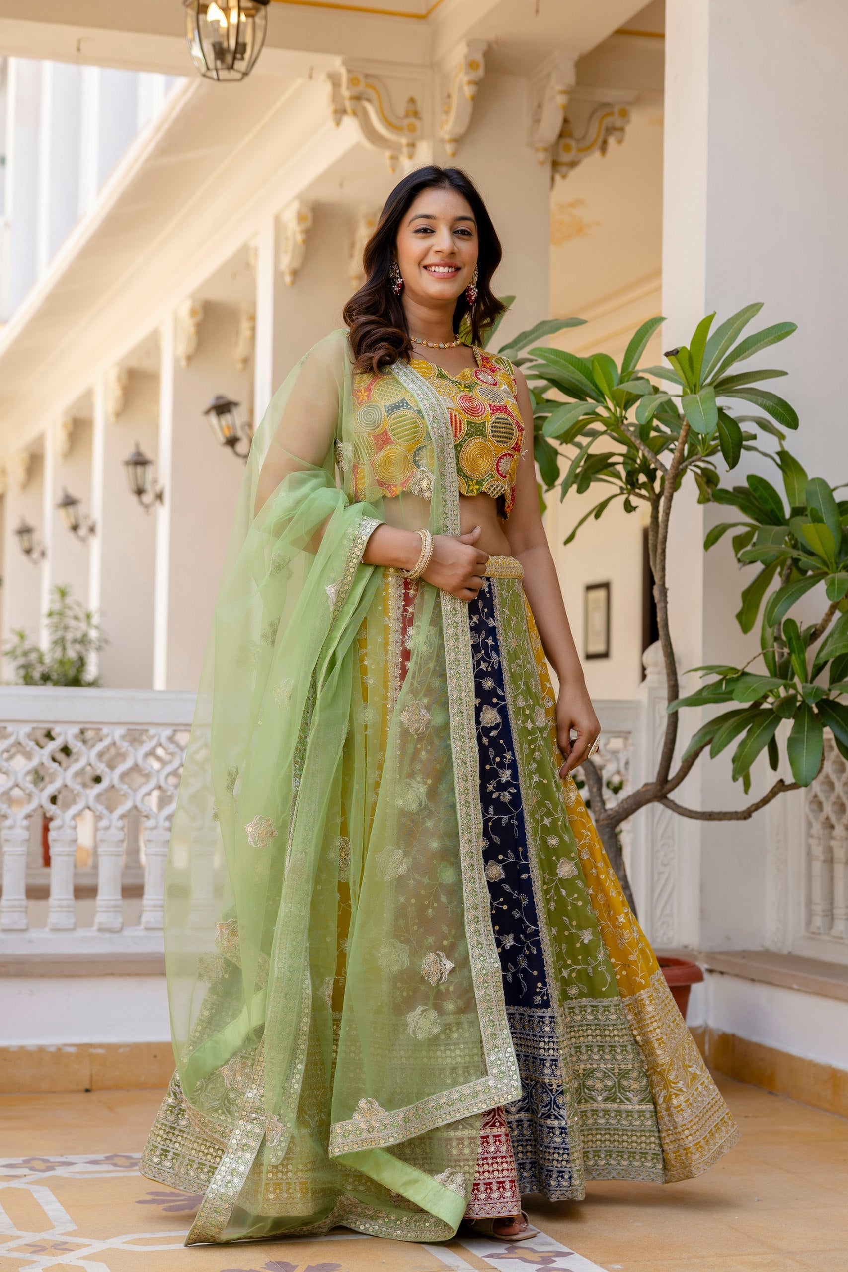 Multi Colour Faux Georgette Sequins Embroidered Lehenga Set with Designer Net Dupatta – Semi-Stitche ClothsVilla