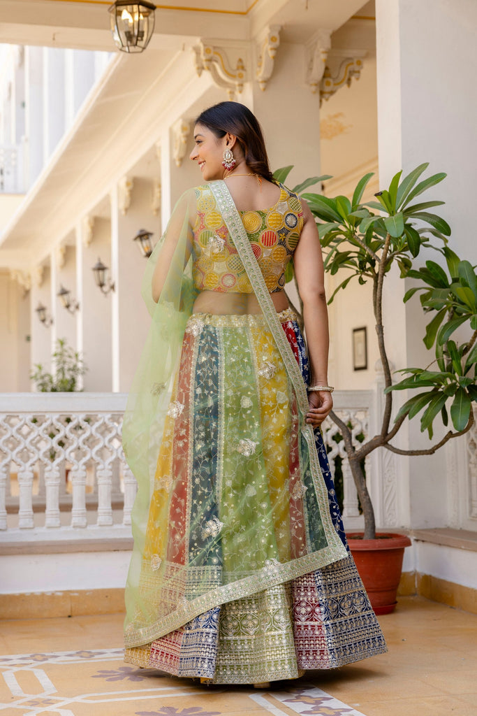 Multi Colour Faux Georgette Sequins Embroidered Lehenga Set with Designer Net Dupatta – Semi-Stitche ClothsVilla