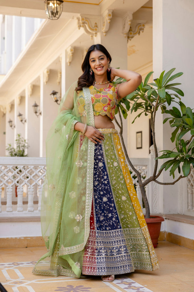 Multi Colour Faux Georgette Sequins Embroidered Lehenga Set with Designer Net Dupatta – Semi-Stitche ClothsVilla