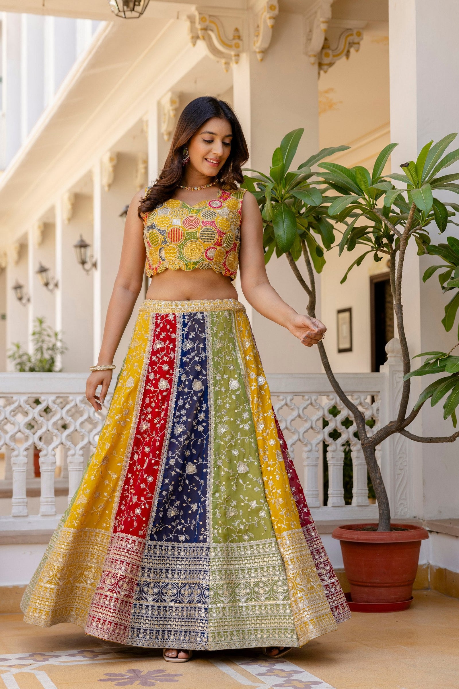 Multi Colour Faux Georgette Sequins Embroidered Lehenga Set with Designer Net Dupatta – Semi-Stitche ClothsVilla