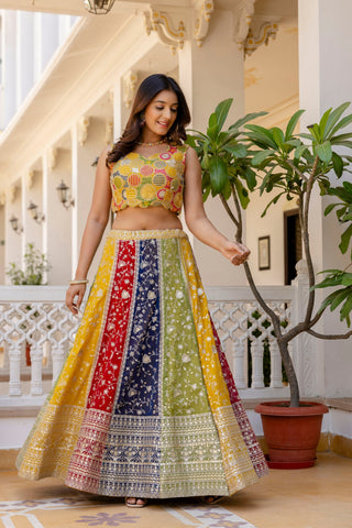 Multi Colour Faux Georgette Sequins Embroidered Lehenga Set with Designer Net Dupatta – Semi-Stitche ClothsVilla