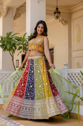 Multi Colour Faux Georgette Sequins Embroidered Lehenga Set with Designer Net Dupatta – Semi-Stitche ClothsVilla