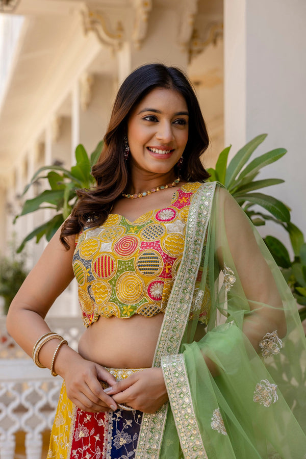 Multi Colour Faux Georgette Sequins Embroidered Lehenga Set with Designer Net Dupatta – Semi-Stitche ClothsVilla