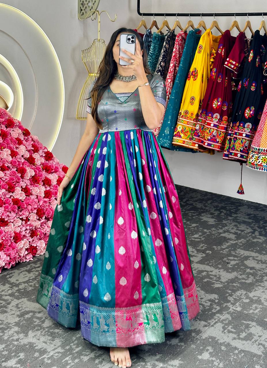 Multi Colour Feel the Love – Elegant Dola Silk Jacquard Weaving Gown Clothsvilla