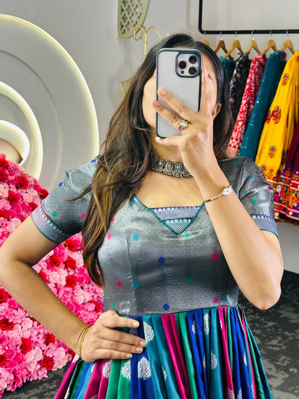 Multi Colour Feel the Love – Elegant Dola Silk Jacquard Weaving Gown Clothsvilla