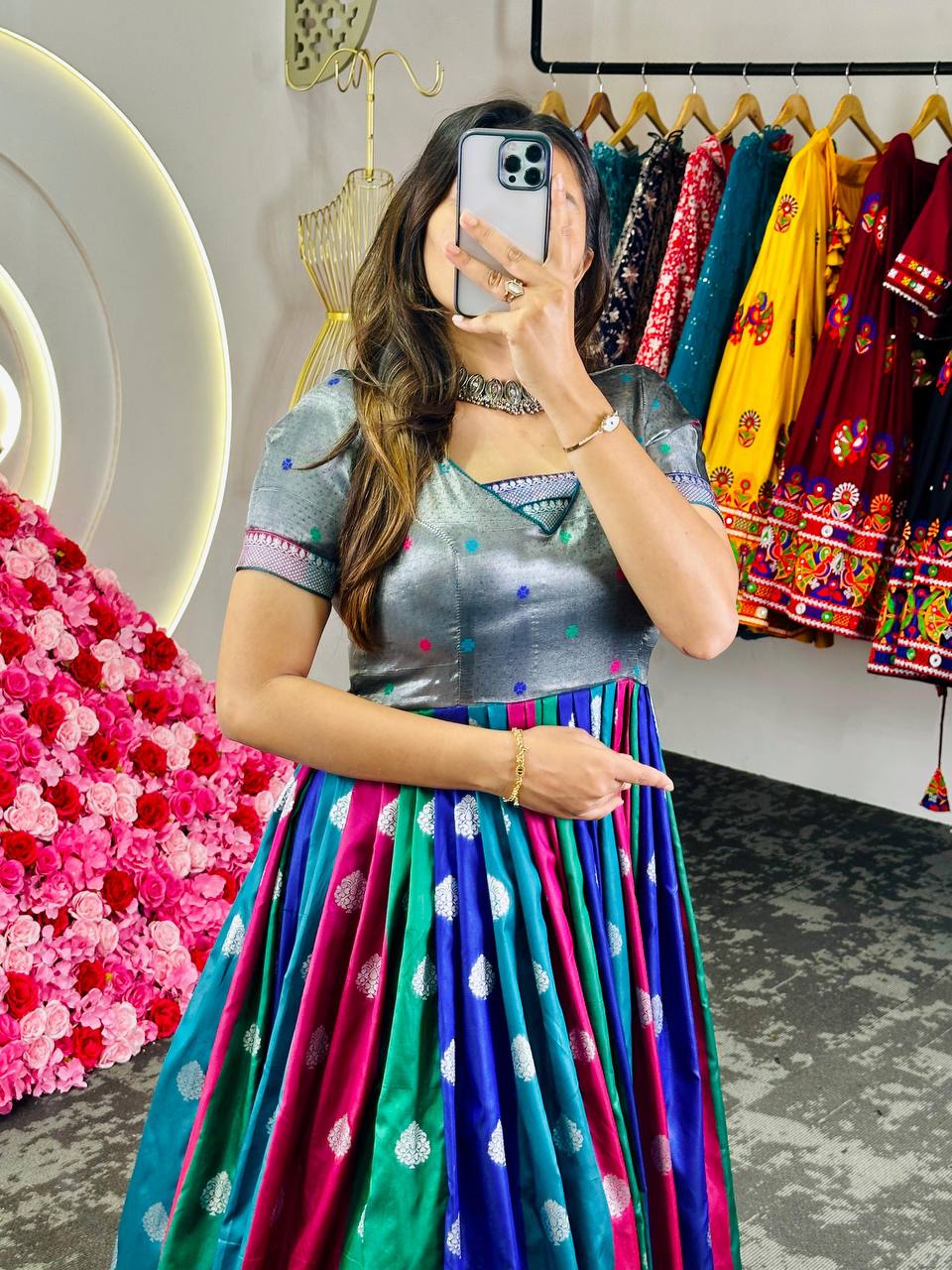 Multi Colour Feel the Love – Elegant Dola Silk Jacquard Weaving Gown Clothsvilla