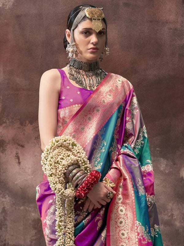 Multi Colour Graceful Art Silk Printed Handloom Saree with Unstitched Blouse Piece ClothsVilla