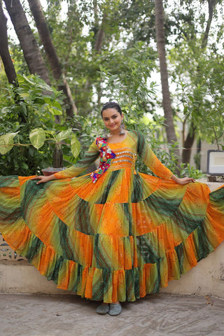 Multi Colour Navratri Special Laheriya & Bandhej Printed Faux Georgette Gown with Kutchi Patchwork ClothsVilla