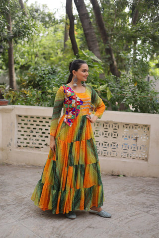 Multi Colour Navratri Special Laheriya & Bandhej Printed Faux Georgette Gown with Kutchi Patchwork ClothsVilla