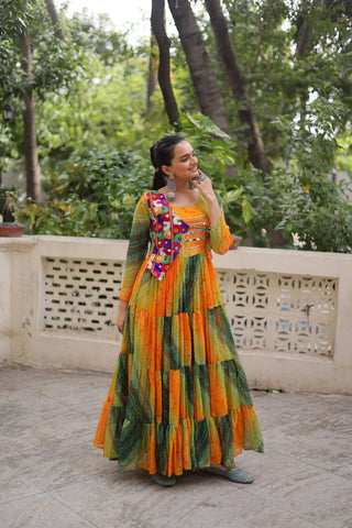 Multi Colour Navratri Special Laheriya & Bandhej Printed Faux Georgette Gown with Kutchi Patchwork ClothsVilla