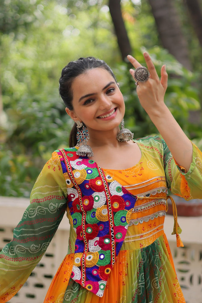 Multi Colour Navratri Special Laheriya & Bandhej Printed Faux Georgette Gown with Kutchi Patchwork ClothsVilla