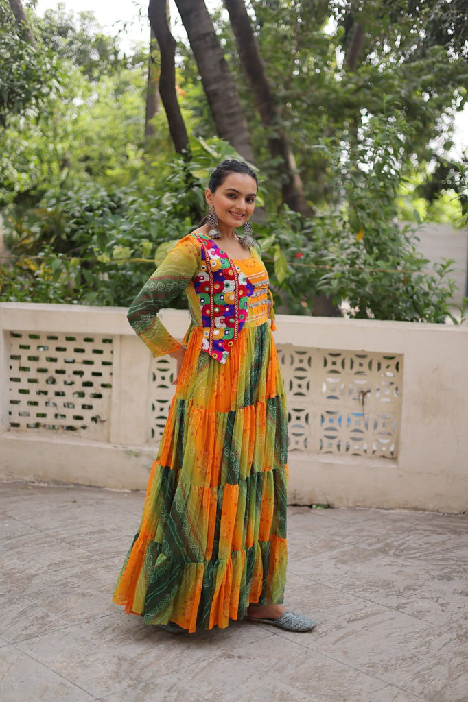 Multi Colour Navratri Special Laheriya & Bandhej Printed Faux Georgette Gown with Kutchi Patchwork ClothsVilla