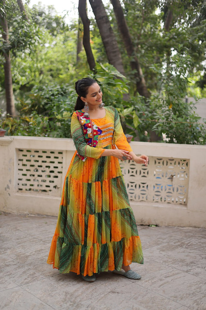 Multi Colour Navratri Special Laheriya & Bandhej Printed Faux Georgette Gown with Kutchi Patchwork ClothsVilla