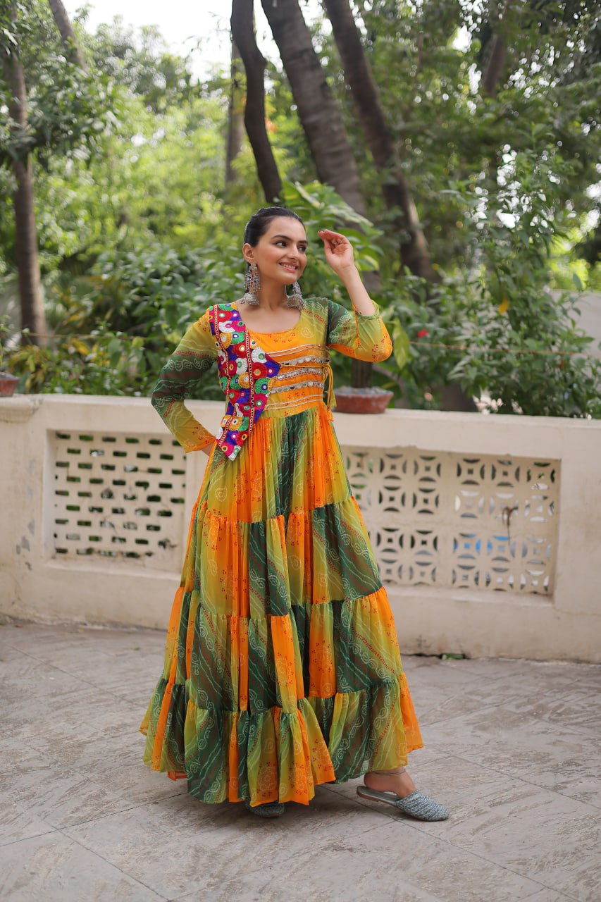Multi Colour Navratri Special Laheriya & Bandhej Printed Faux Georgette Gown with Kutchi Patchwork ClothsVilla