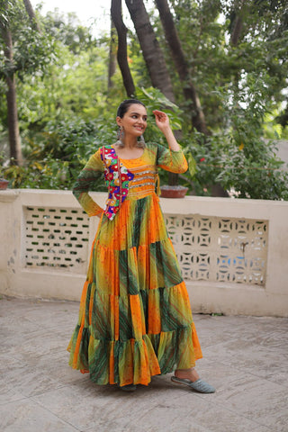 Multi Colour Navratri Special Laheriya & Bandhej Printed Faux Georgette Gown with Kutchi Patchwork ClothsVilla
