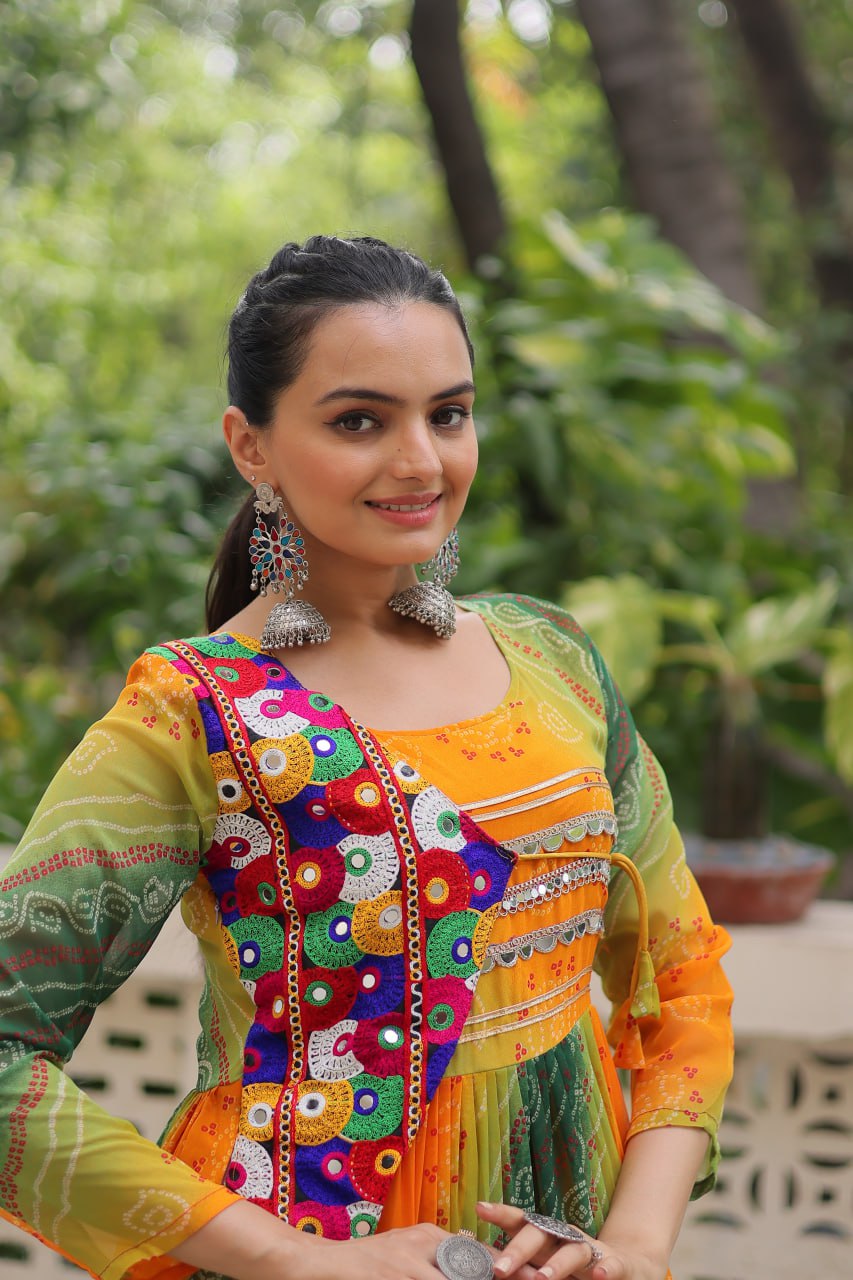 Multi Colour Navratri Special Laheriya & Bandhej Printed Faux Georgette Gown with Kutchi Patchwork ClothsVilla