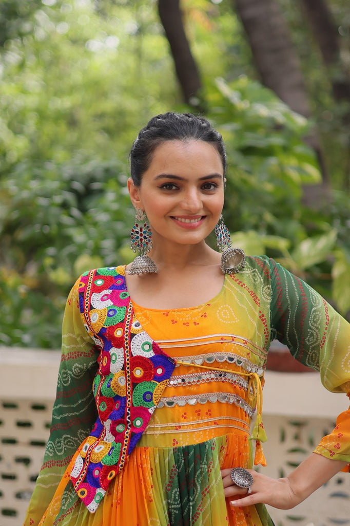 Multi Colour Navratri Special Laheriya & Bandhej Printed Faux Georgette Gown with Kutchi Patchwork ClothsVilla