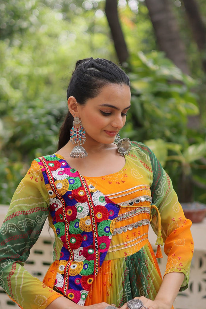 Multi Colour Navratri Special Laheriya & Bandhej Printed Faux Georgette Gown with Kutchi Patchwork ClothsVilla