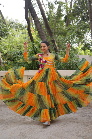 Multi Colour Navratri Special Laheriya & Bandhej Printed Faux Georgette Gown with Kutchi Patchwork ClothsVilla
