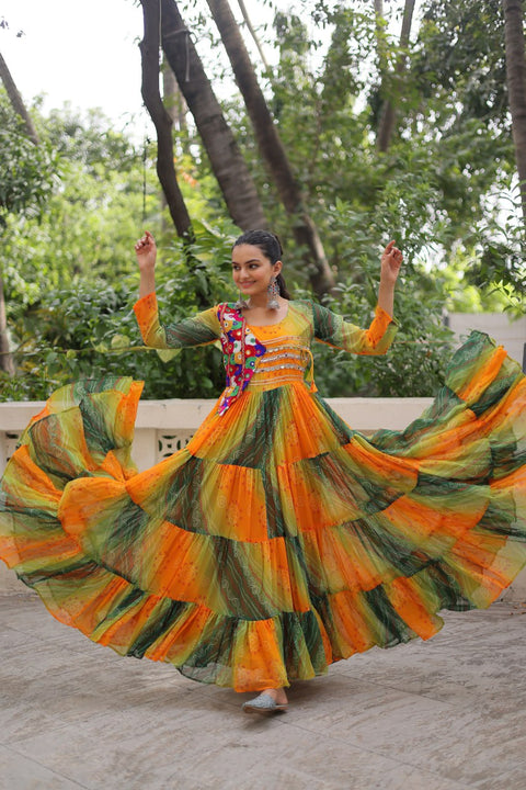 Multi Colour Navratri Special Laheriya & Bandhej Printed Faux Georgette Gown with Kutchi Patchwork ClothsVilla Main image