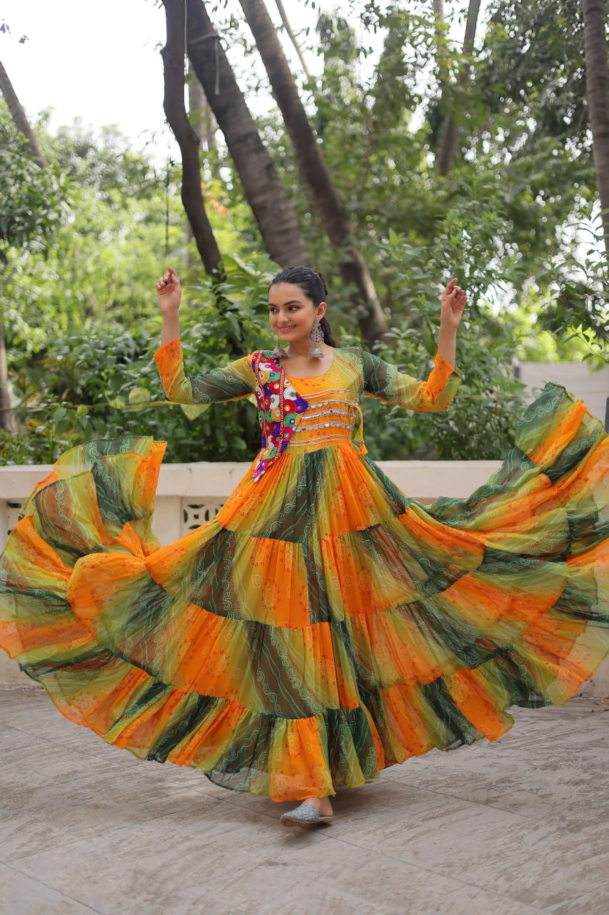 Multi Colour Navratri Special Laheriya & Bandhej Printed Faux Georgette Gown with Kutchi Patchwork ClothsVilla Main image