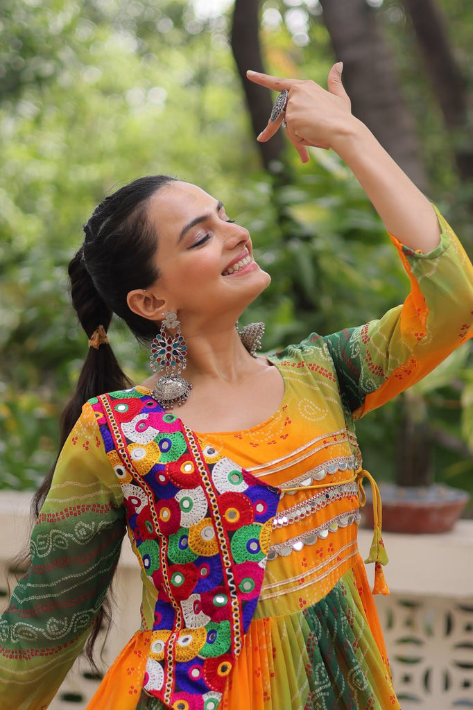 Multi Colour Navratri Special Laheriya & Bandhej Printed Faux Georgette Gown with Kutchi Patchwork ClothsVilla