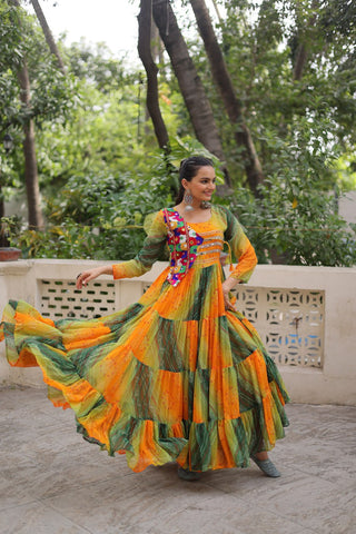 Multi Colour Navratri Special Laheriya & Bandhej Printed Faux Georgette Gown with Kutchi Patchwork ClothsVilla