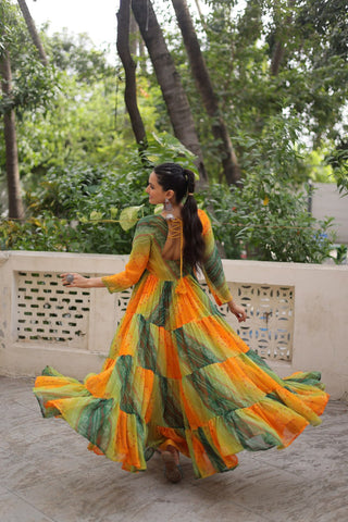 Multi Colour Navratri Special Laheriya & Bandhej Printed Faux Georgette Gown with Kutchi Patchwork ClothsVilla