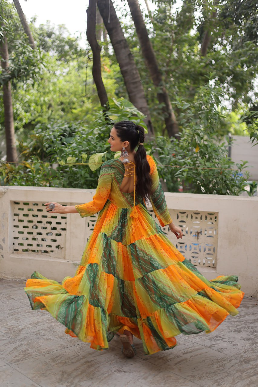 Multi Colour Navratri Special Laheriya & Bandhej Printed Faux Georgette Gown with Kutchi Patchwork ClothsVilla
