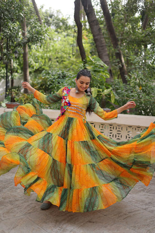 Multi Colour Navratri Special Laheriya & Bandhej Printed Faux Georgette Gown with Kutchi Patchwork ClothsVilla