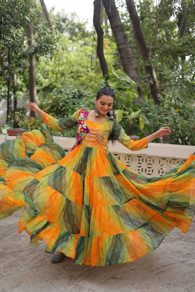 Multi Colour Navratri Special Laheriya & Bandhej Printed Faux Georgette Gown with Kutchi Patchwork ClothsVilla