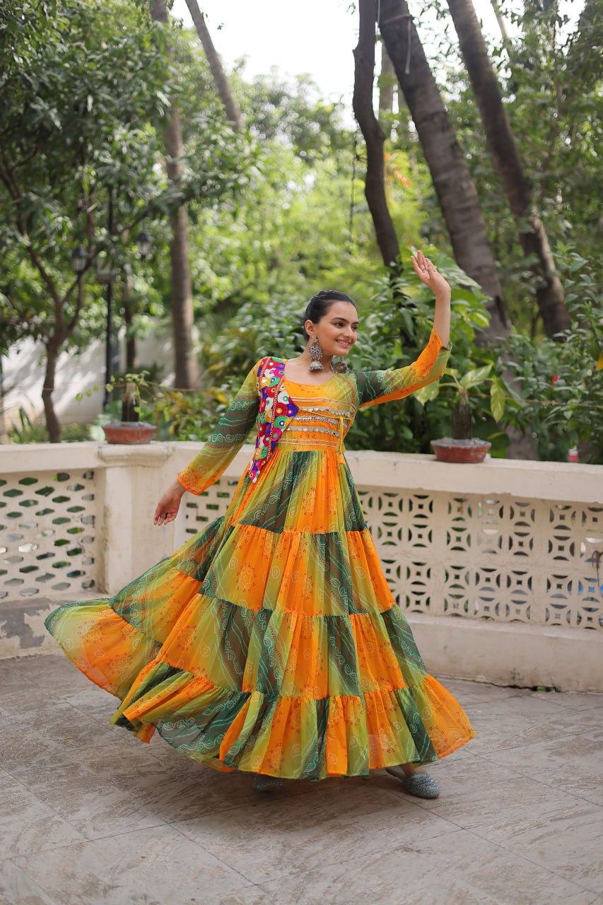 Multi Colour Navratri Special Laheriya & Bandhej Printed Faux Georgette Gown with Kutchi Patchwork ClothsVilla