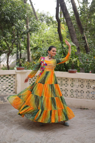 Multi Colour Navratri Special Laheriya & Bandhej Printed Faux Georgette Gown with Kutchi Patchwork ClothsVilla