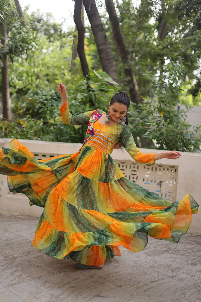 Multi Colour Navratri Special Laheriya & Bandhej Printed Faux Georgette Gown with Kutchi Patchwork ClothsVilla