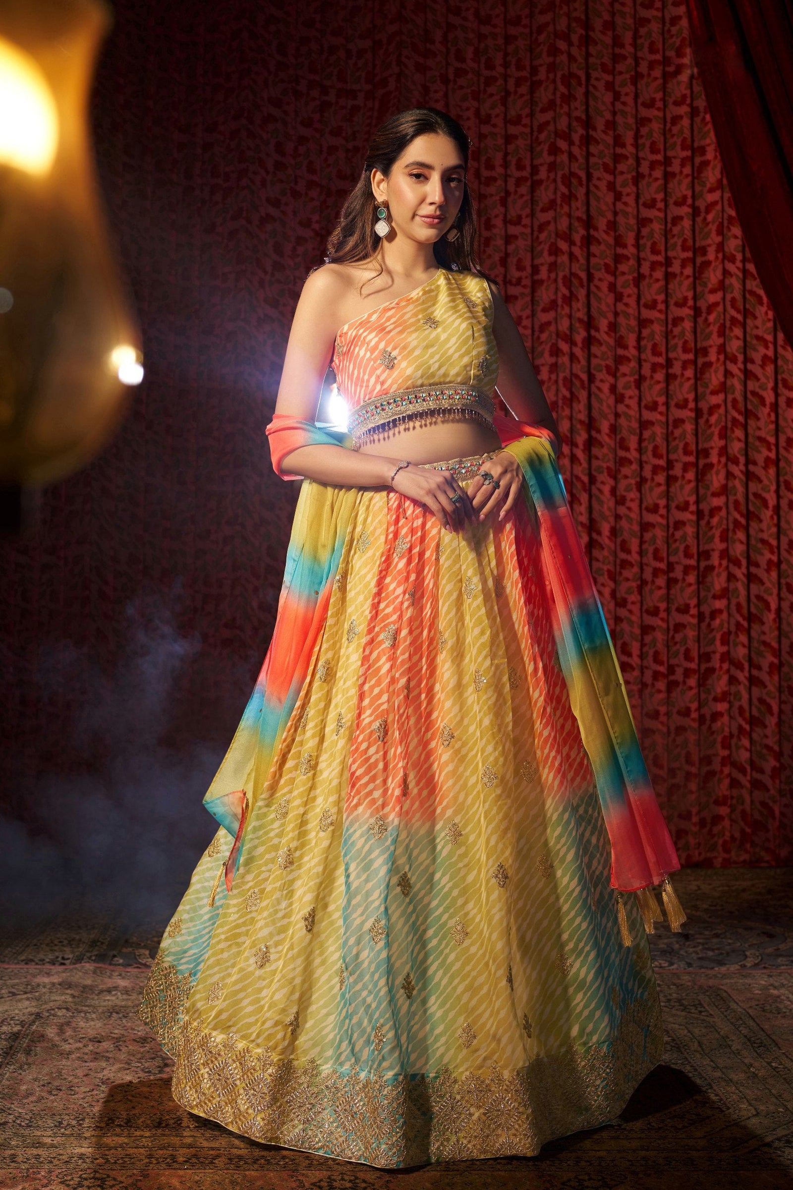 Multi Colour Organza Semi-Stitched Lehenga Choli with Mukaish Work Dupatta & Embroidered Digital Print  Product Description: ClothsVilla
