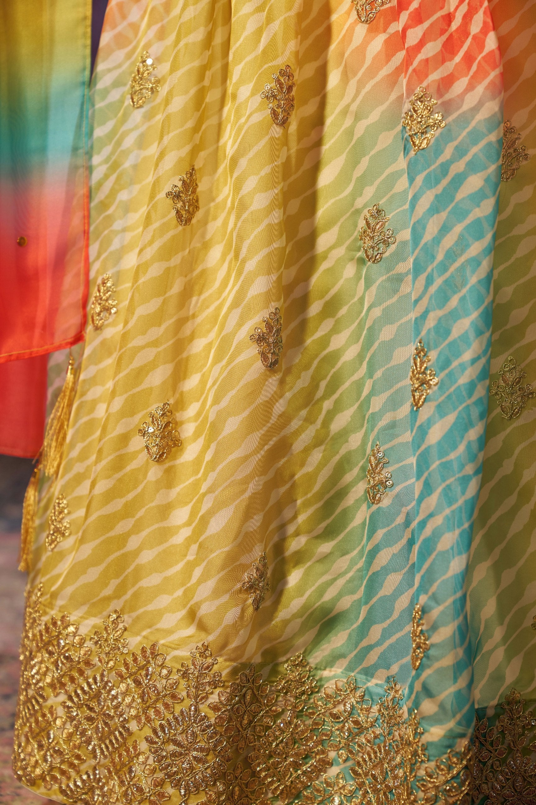 Multi Colour Organza Semi-Stitched Lehenga Choli with Mukaish Work Dupatta & Embroidered Digital Print  Product Description: ClothsVilla