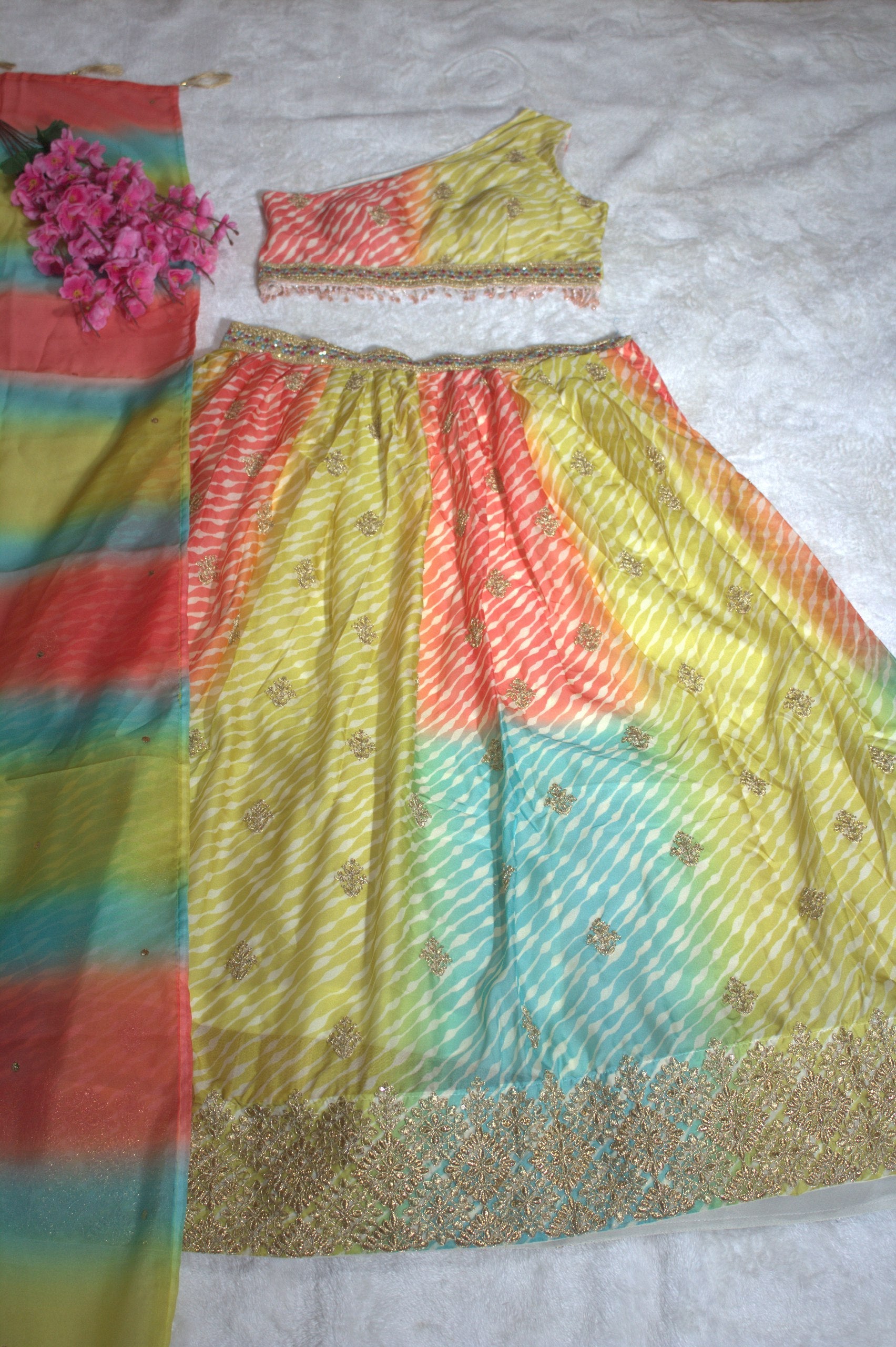 Multi Colour Organza Semi-Stitched Lehenga Choli with Mukaish Work Dupatta & Embroidered Digital Print  Product Description: ClothsVilla