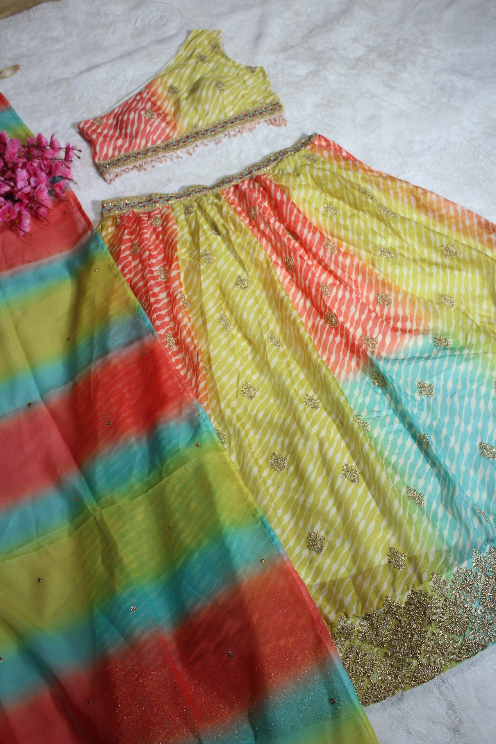 Multi Colour Organza Semi-Stitched Lehenga Choli with Mukaish Work Dupatta & Embroidered Digital Print  Product Description: ClothsVilla