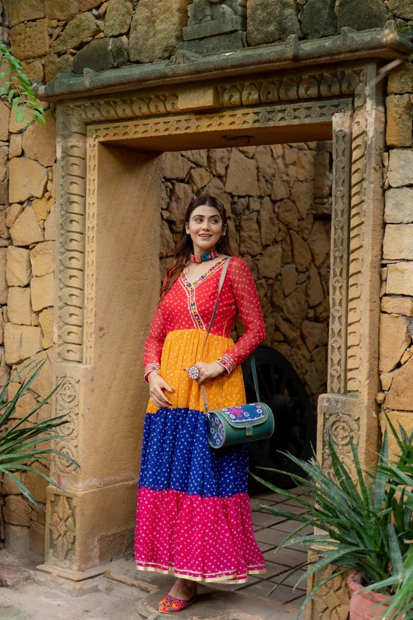 Multi Colour Premium Georgette 3-Layer Ruffle Anarkali Gown with Mirror Work ClothsVilla