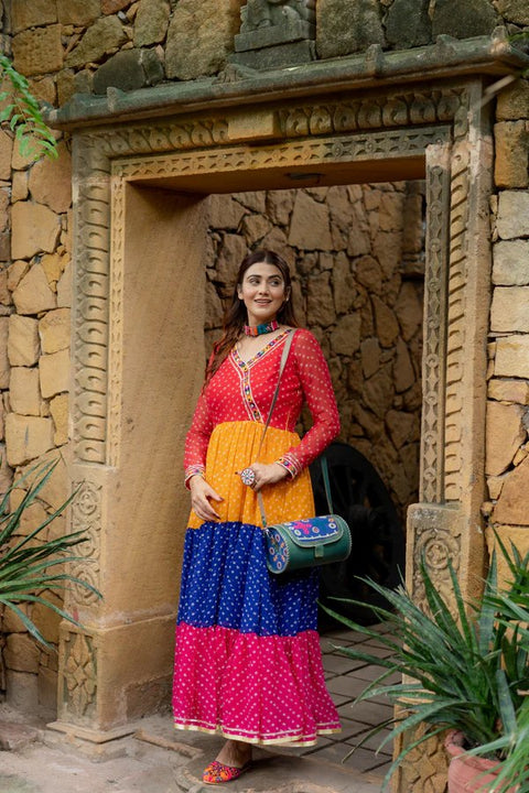 Multi Colour Premium Georgette 3-Layer Ruffle Anarkali Gown with Mirror Work ClothsVilla Main image